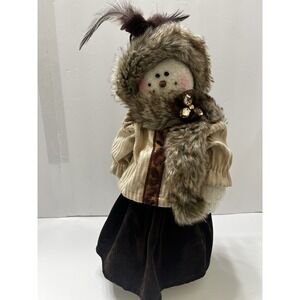 Christmas Decorative Snowwoman Plush Faux Fur Hat & Coat Brown Tan Feathers 16"